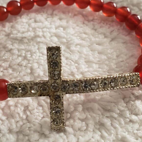 Metal Cross Leather Necklace Sparkly Cross Bracelet with Semi-Precious Stone - Picture 10 of 10